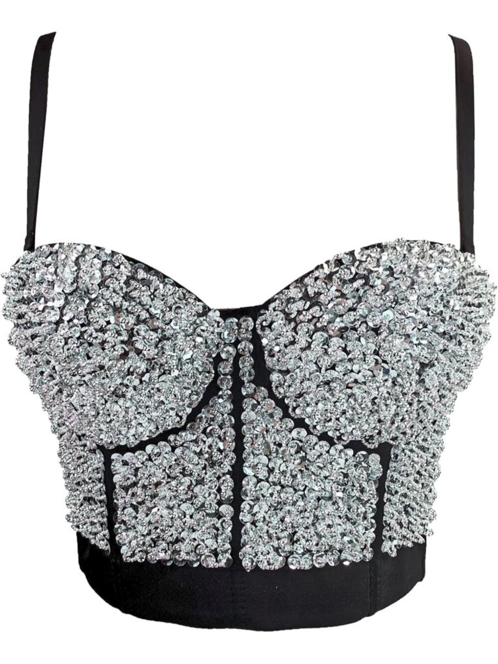 Women's Silver Bustier Crop Top Mesh Corset Top Push up Rhinestone Diamond Bra